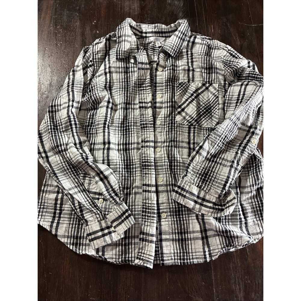 White Gray Black Long Sleeve Button Down Cotton Plaid Shirt XXL